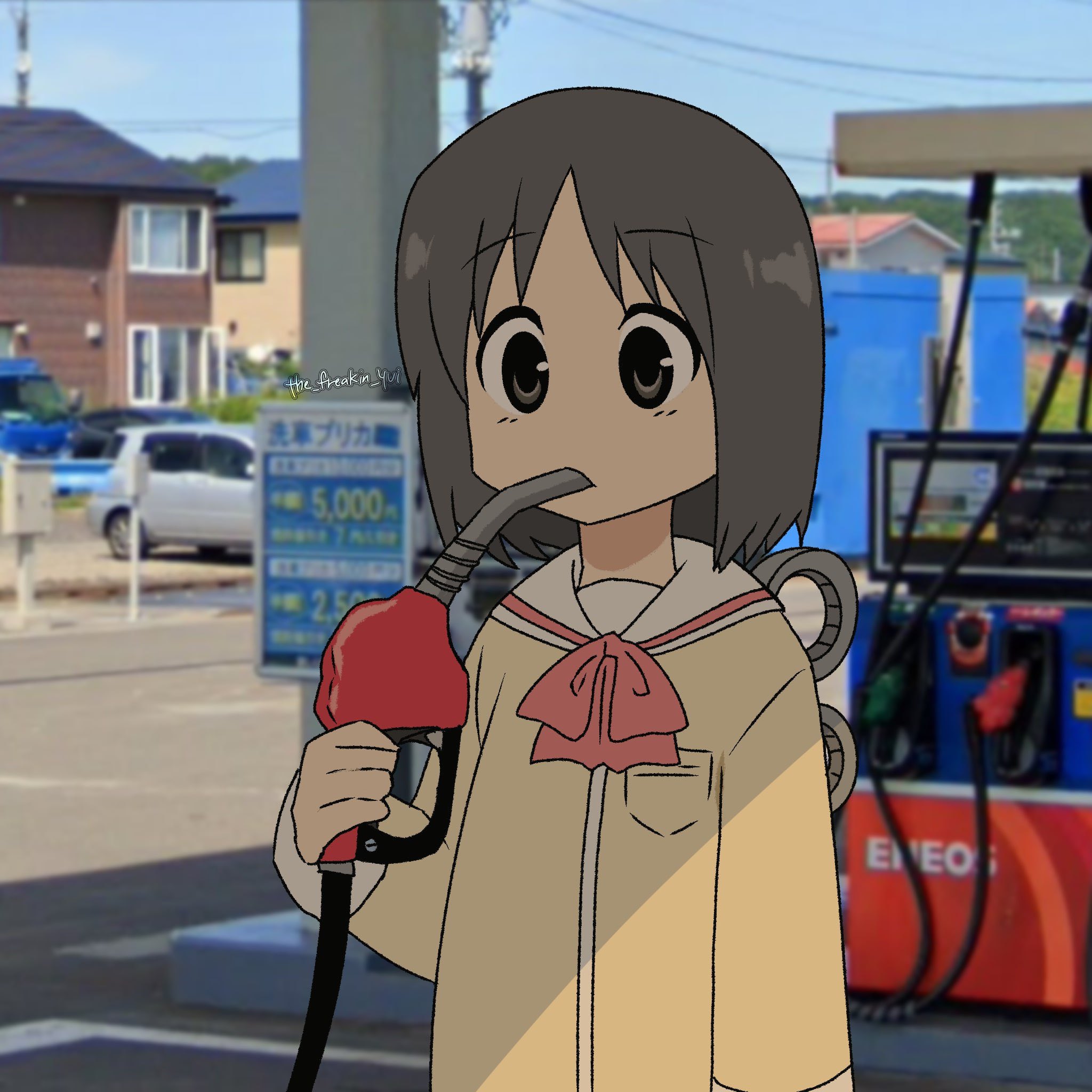 anime girl photoshopped to be drinking from gas pump. I don't know, it just fits my current mood.